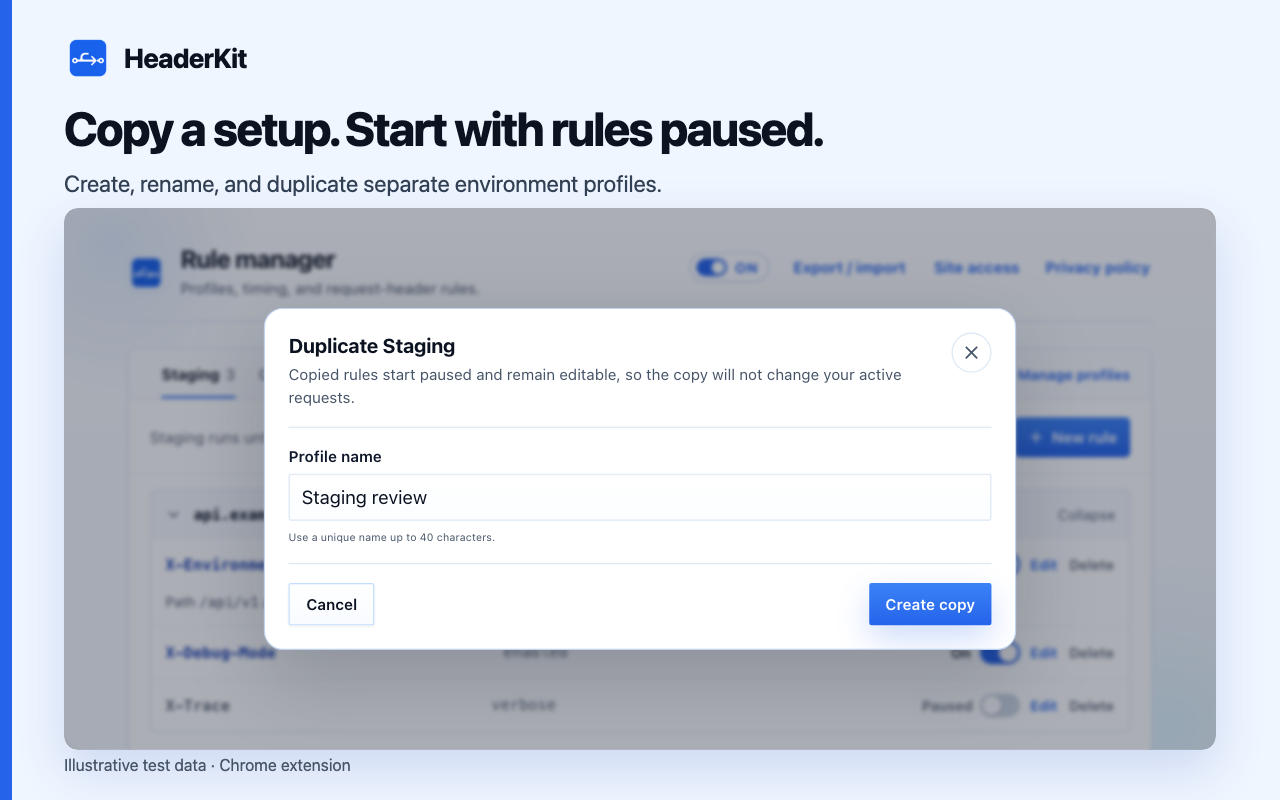 HeaderKit profile manager showing a duplicate profile with copied rules