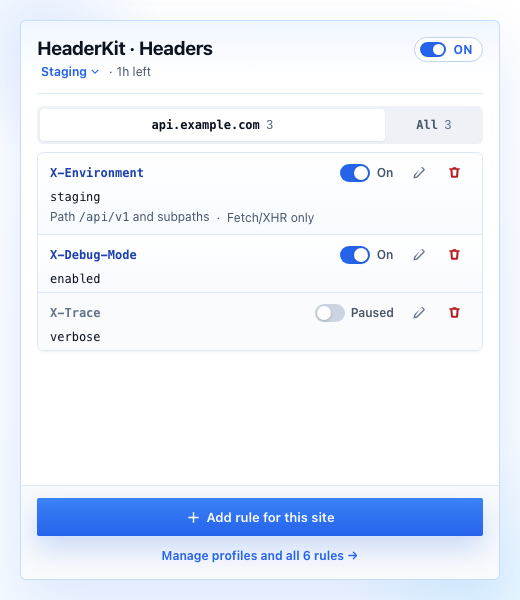 HeaderKit current-host popup with enabled and paused staging rules