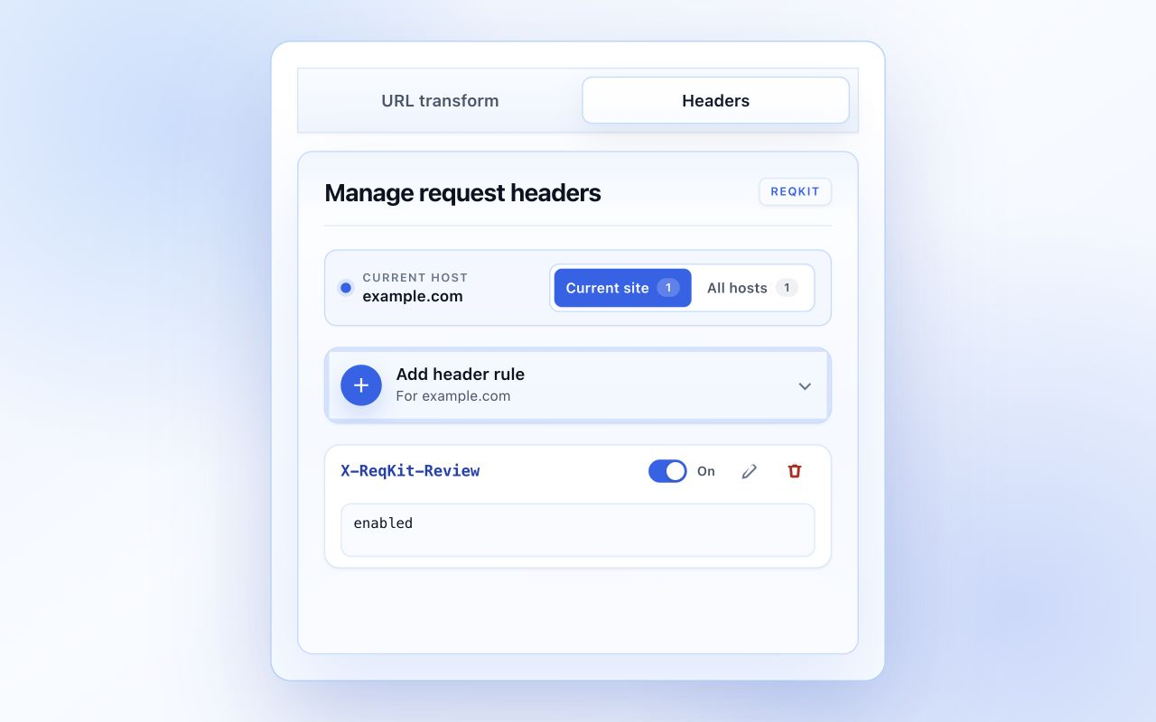 ReqKit showing exact-host request-header rules