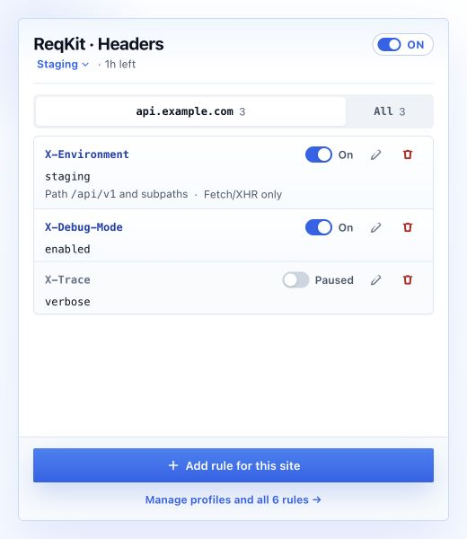 ReqKit popup with an API-scoped staging header, an enabled debug header, and a paused trace header