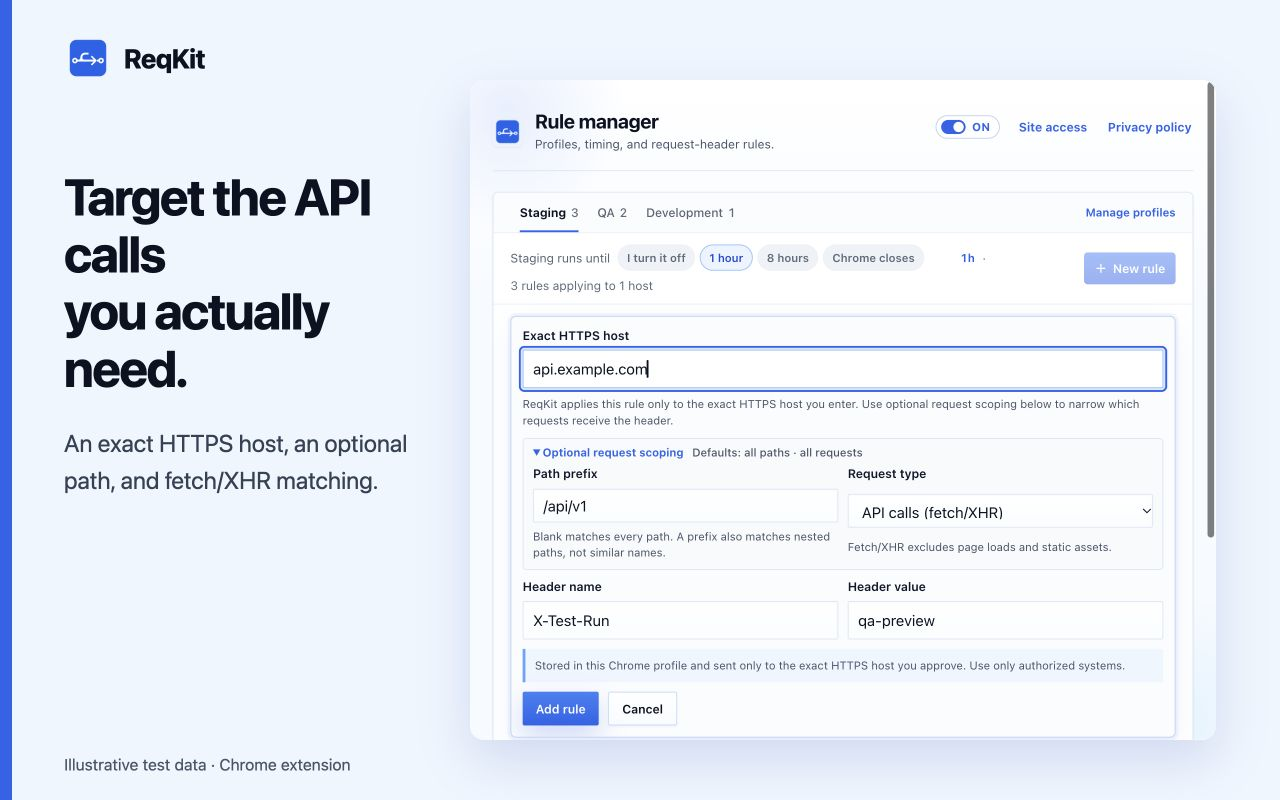 ReqKit rule form showing an exact HTTPS host, an API path prefix, and fetch/XHR request matching