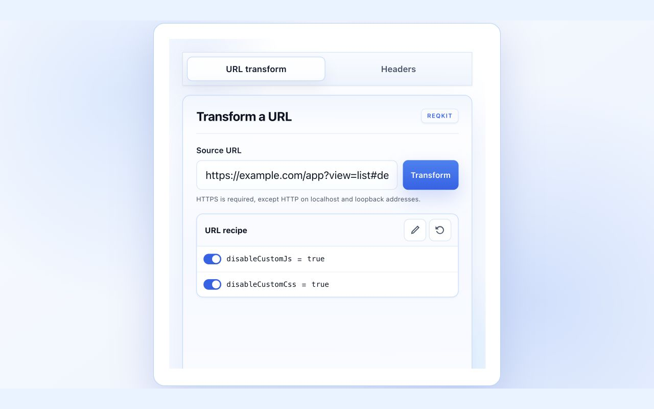 ReqKit popup showing a URL recipe with two enabled query parameters